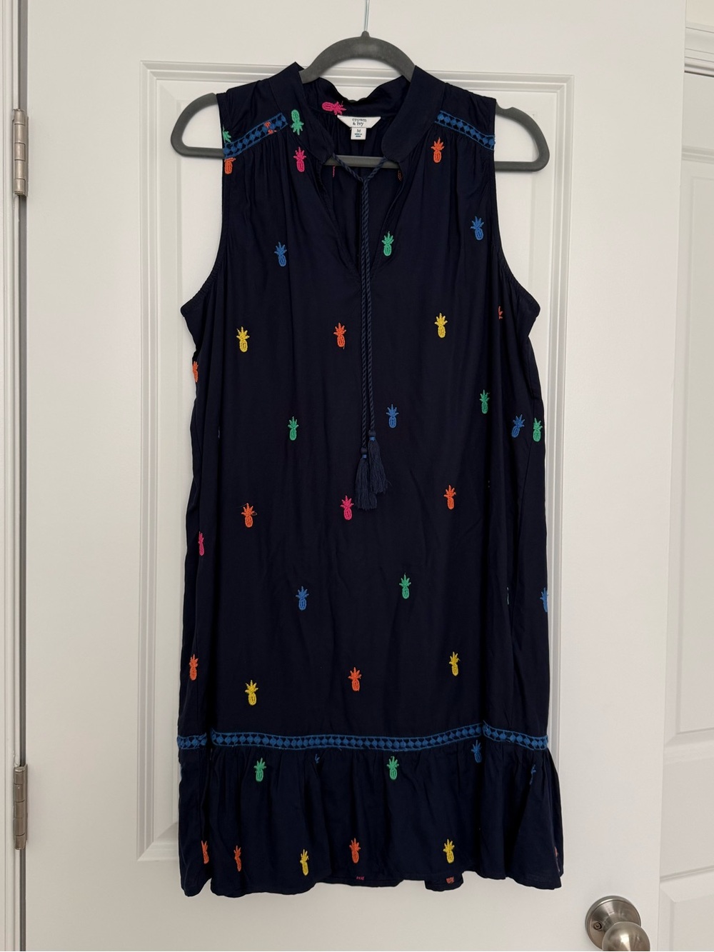crown & ivy Navy Mini Dress with Multicolor Pineapple Embroidery SZ: M